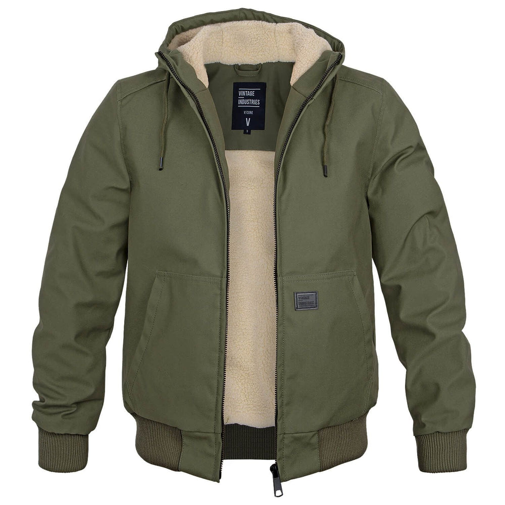 Olive green men's bomber jacket with a cozy cream sherpa lining, drawstring hood, and durable shell for winter warmth.