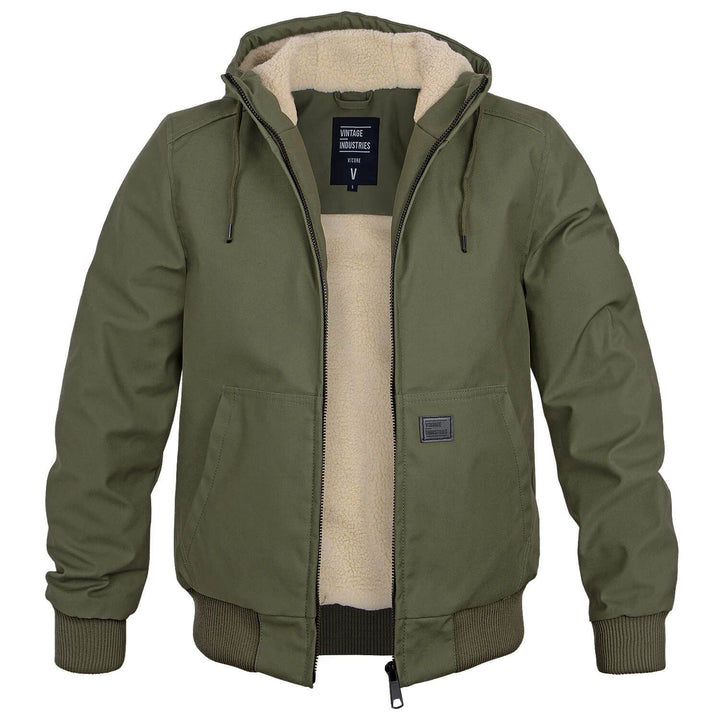 Olive green men's bomber jacket with a cozy cream sherpa lining, drawstring hood, and durable shell for winter warmth.