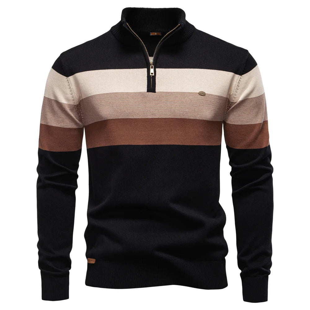 Men’s black quarter-zip jumper featuring a contemporary colour-blocked stripe design in beige and brown with a ribbed knit.