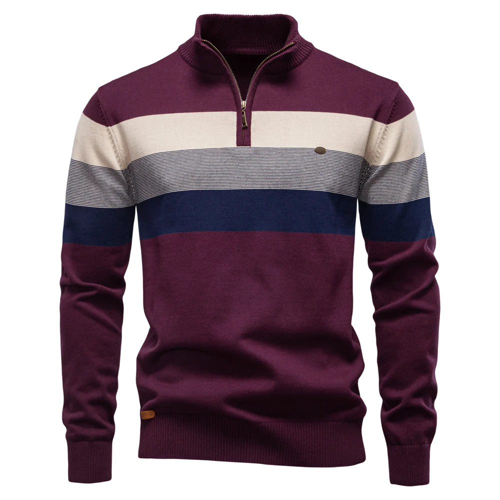 Men's burgundy quarter-zip jumper featuring a multi-colored striped chest design, ribbed collar, and soft knit fabric.