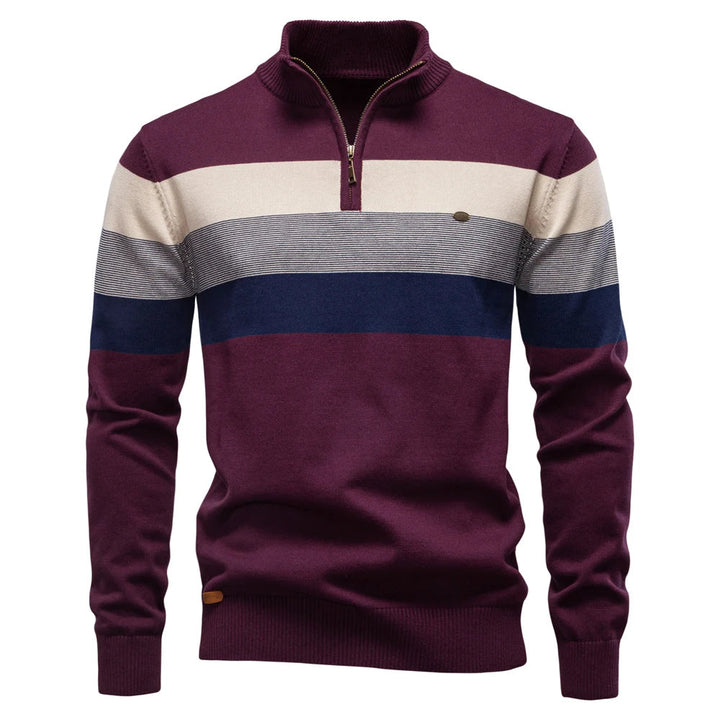 Men's burgundy quarter-zip jumper featuring a multi-colored striped chest design, ribbed collar, and soft knit fabric.