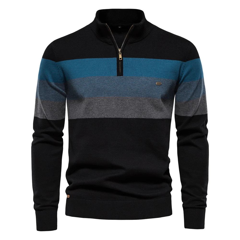Men's black quarter-zip jumper with blue and grey horizontal chest stripes, ribbed collar, and soft knit fabric.