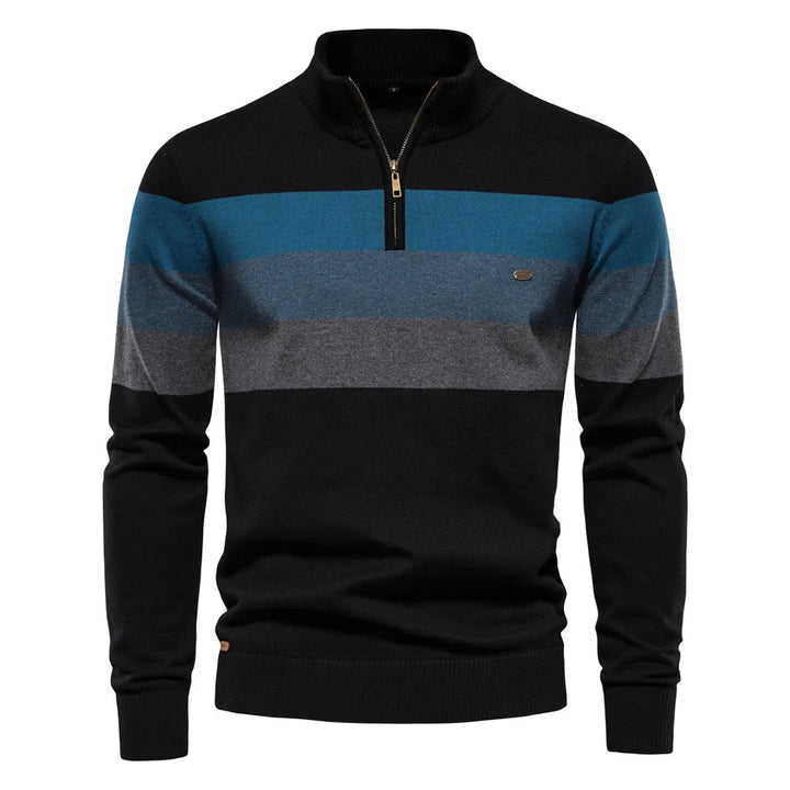 Men's black quarter-zip jumper with blue and grey horizontal chest stripes, ribbed collar, and soft knit fabric.