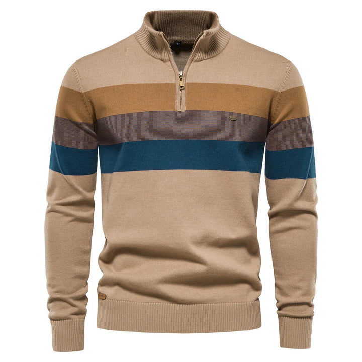 Men's beige quarter-zip jumper featuring a multi-coloured striped chest design, ribbed collar, and soft knit fabric.