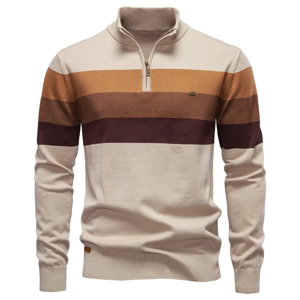 Men's beige quarter-zip jumper featuring brown and tan horizontal stripes, a ribbed collar, and soft knit fabric.