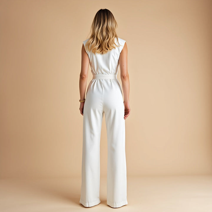 Amelia women's white tie waist wide leg jumpsuit, offering a polished, put-together feel.