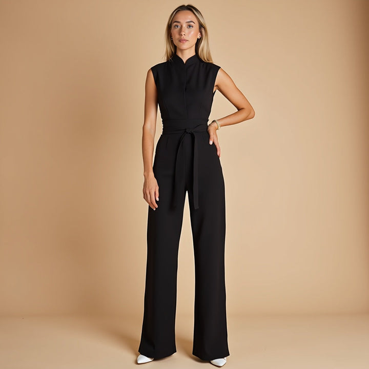 Amelia women's black tie-waist wide-leg jumpsuit with a clean, sleeveless design and polished structure.