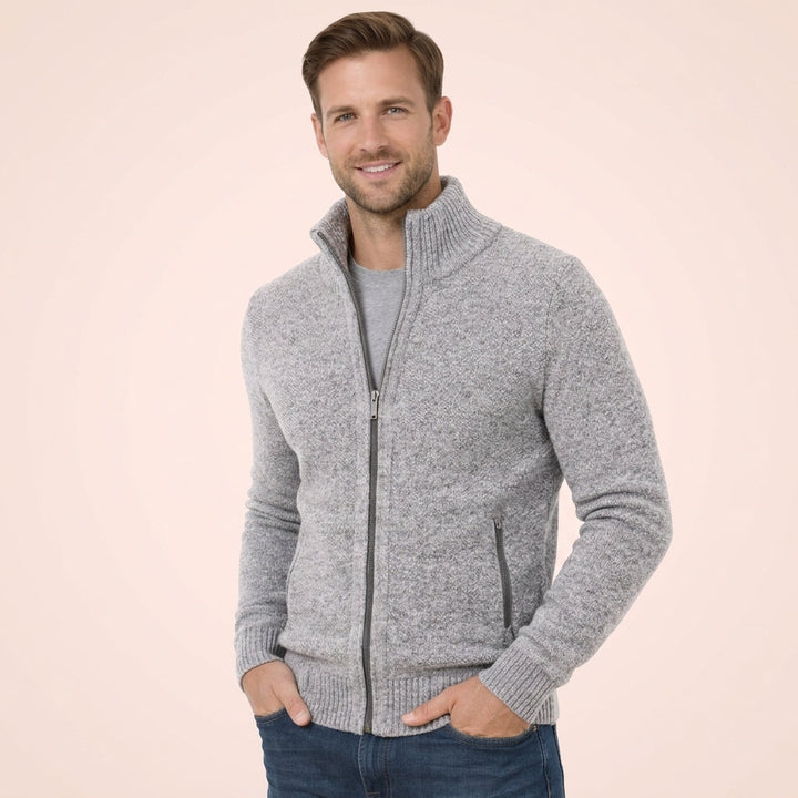 Grey marled merino wool full-zip jumper with a ribbed funnel collar and practical side zip pockets.