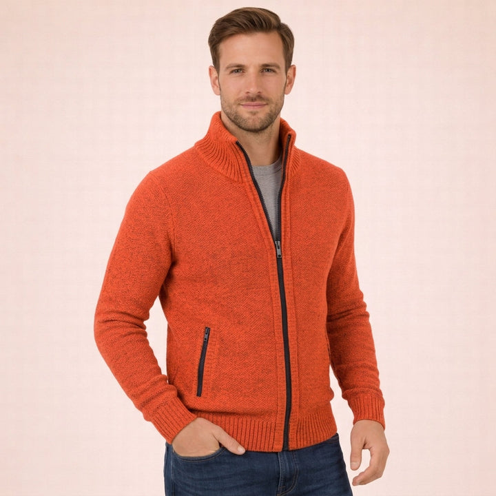 Men's orange marled merino wool full-zip jumper featuring a ribbed funnel collar and practical side zip pockets.