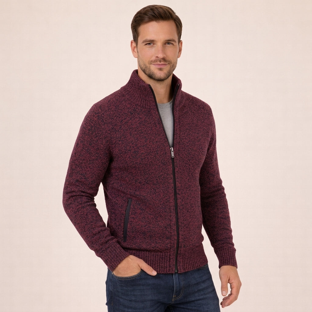 Burgundy marled merino wool full-zip jumper with a ribbed funnel collar and practical side zip pockets.