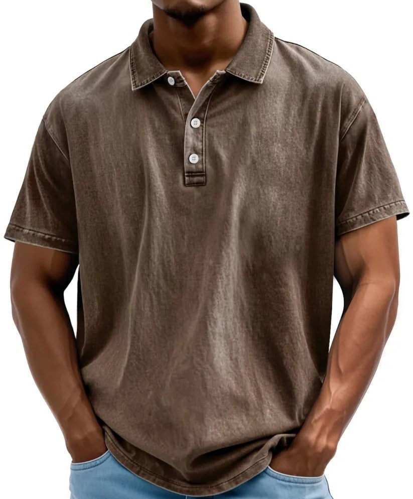 Men's brown vintage-washed polo shirt with a classic collar, two-button placket, and short sleeves.
