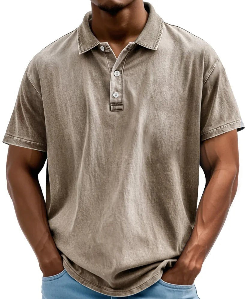 Taupe vintage-washed men's polo shirt with a classic collar, two-button placket, and short sleeves.