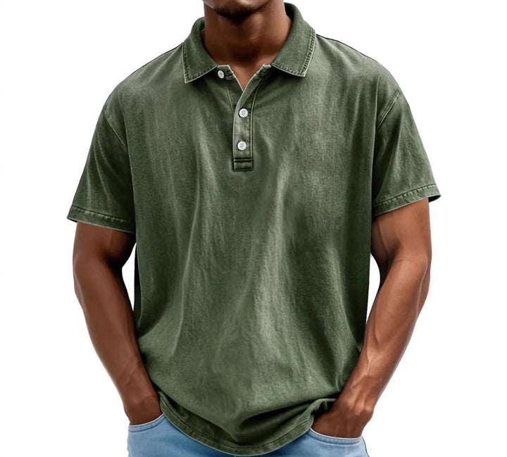 Olive green vintage-washed short-sleeve polo shirt with a classic collar and three-button placket.