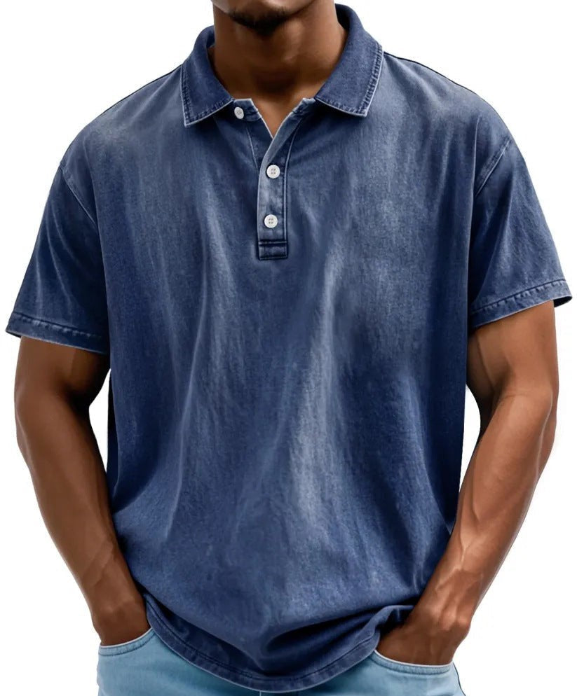 Men's blue vintage-washed polo shirt with a classic collar, short sleeves, and a three-button placket.