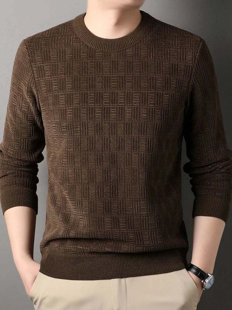 Men's brown crew neck jumper featuring a textured geometric knit pattern with ribbed cuffs and hem.