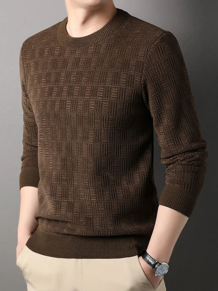 Men's brown crew neck jumper featuring a textured geometric knit pattern with ribbed cuffs and hem.