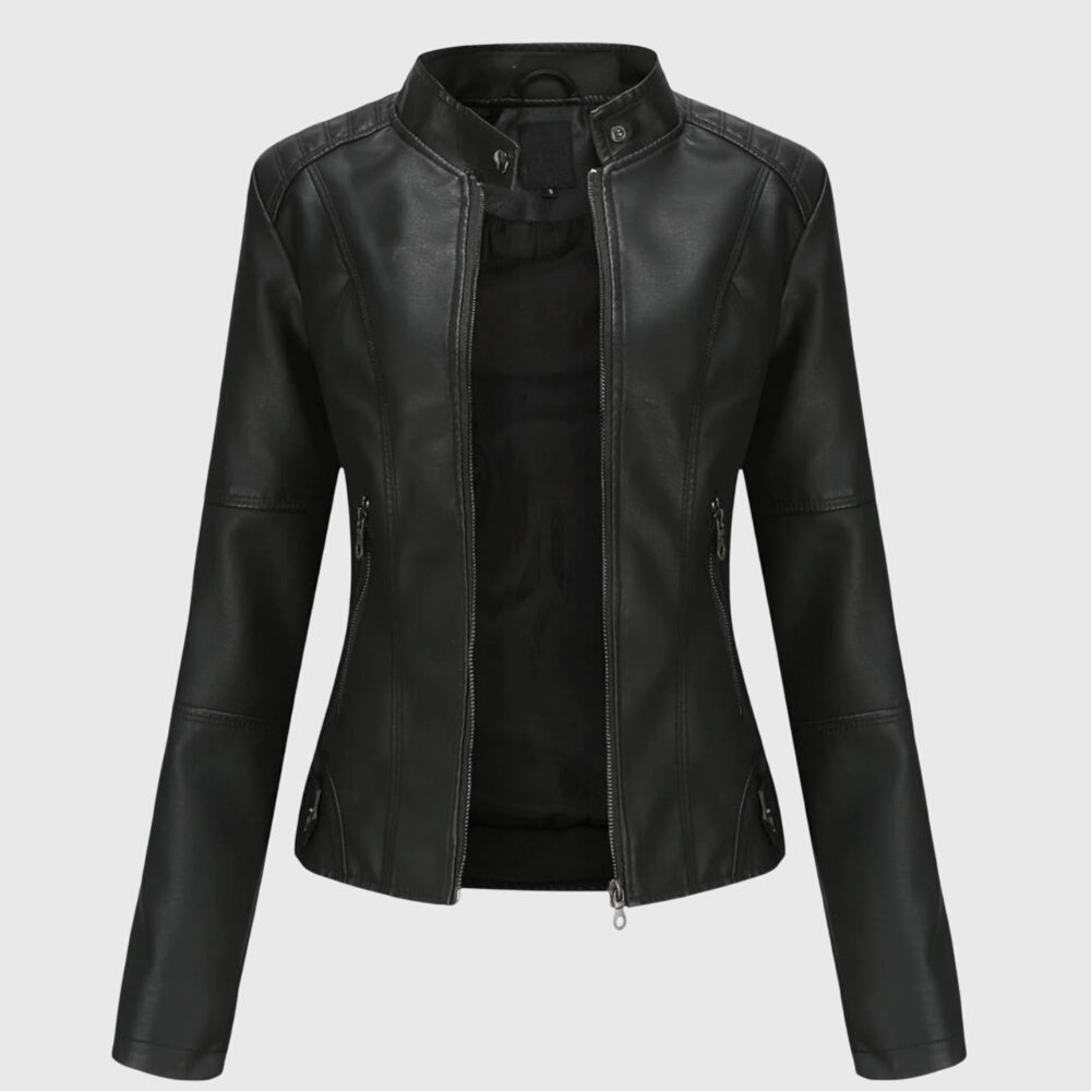 Black faux leather biker jacket with a stand collar, full front zip, and tailored seams on a light background.