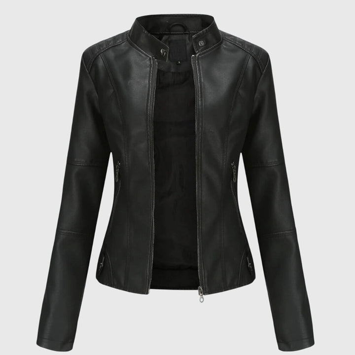 Black faux leather biker jacket with a stand collar, full front zip, and tailored seams on a light background.