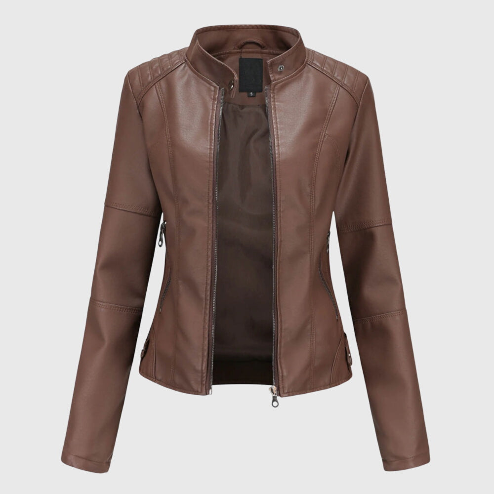 Brown faux leather biker jacket with a stand collar, front zip closure, and quilted shoulder detailing.