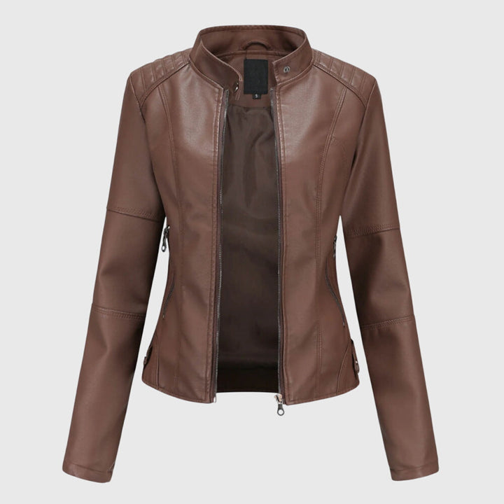 Brown faux leather biker jacket with a stand collar, front zip closure, and quilted shoulder detailing.