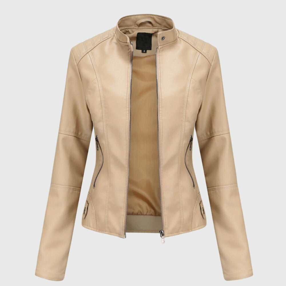 Beige faux leather biker jacket with a stand collar, full front zip, and tailored seams on a light background.