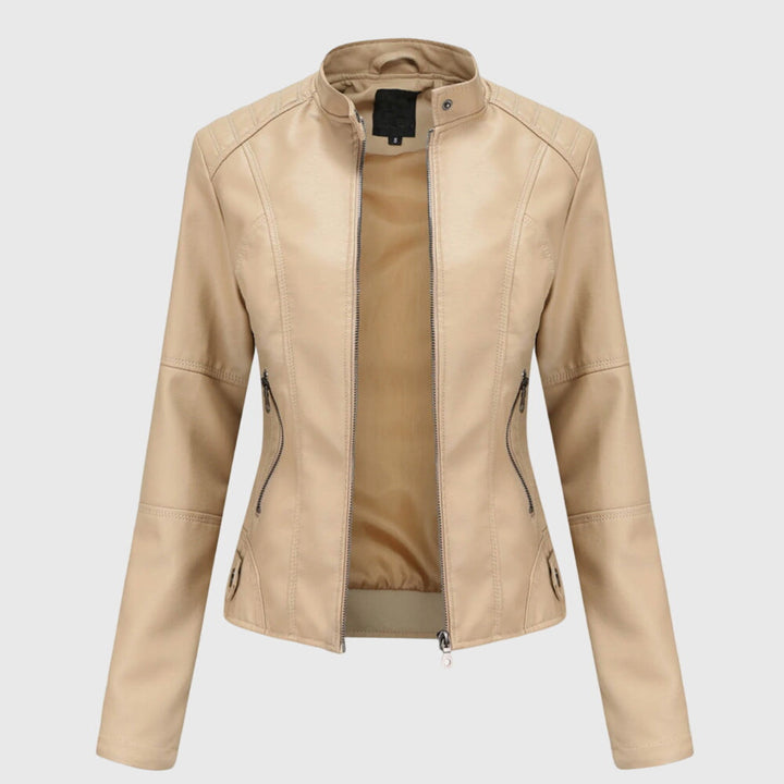 Beige faux leather biker jacket with a stand collar, full front zip, and tailored seams on a light background.