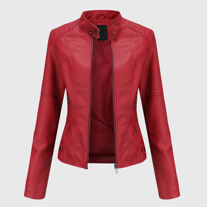Red faux leather biker jacket with a stand collar, full front zip, and tailored seams for a fitted silhouette.