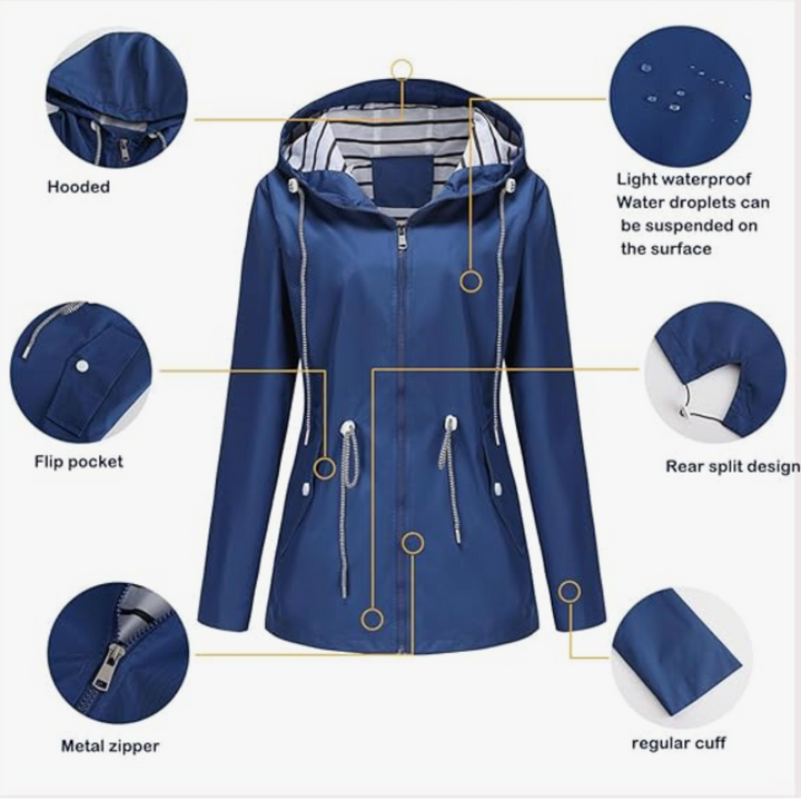Blue waterproof raincoat with adjustable hood, drawcord waist, striped lining, buttoned pockets, and metal zip closure.