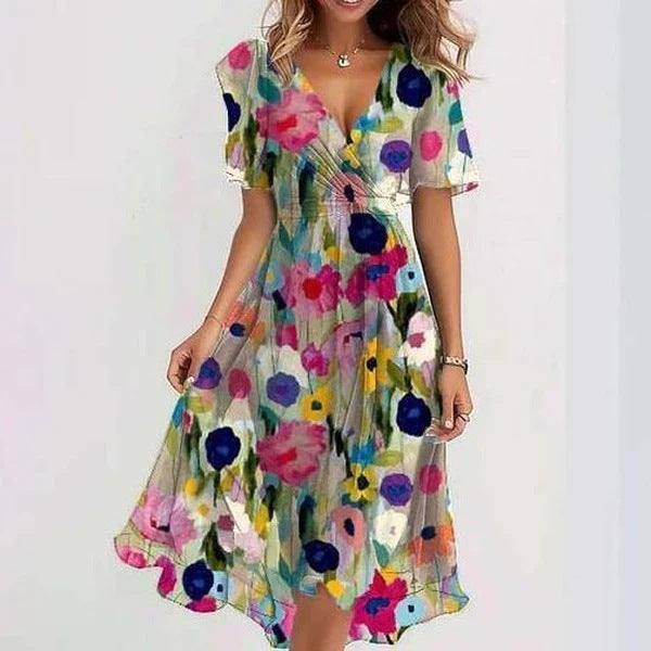 Beatrice women's sleeveless flowy summer dress with a vibrant floral print, V-neck, and graceful movement.