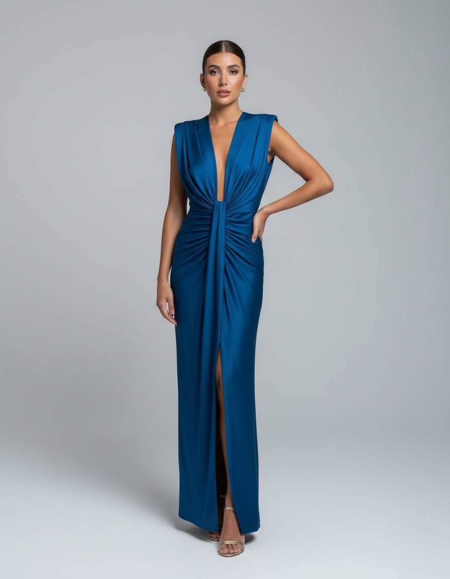 Beatrice women's sleeveless V-neck maxi dress in deep blue with gathered front draping and a front slit.