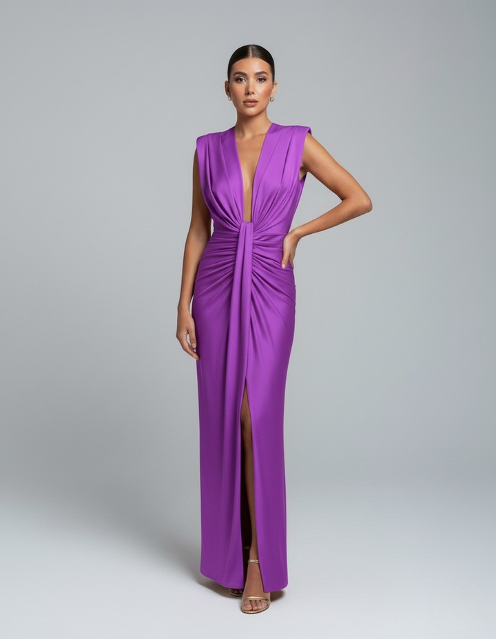 Beatrice Women's Sleeveless V-Neck Maxi Dress in vibrant purple with gathered front draping and a front slit.
