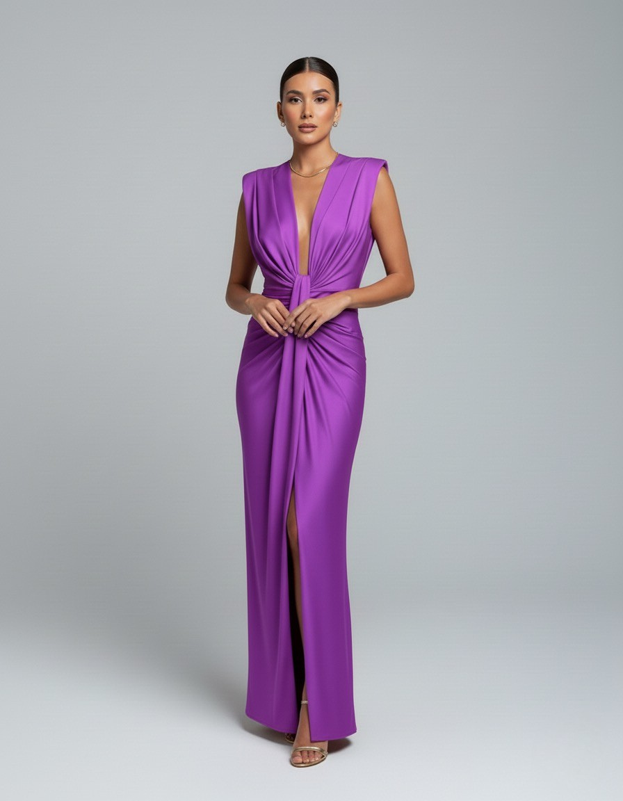 Beatrice women's sleeveless V-neck maxi dress in vibrant purple with gathered front draping and a high slit.