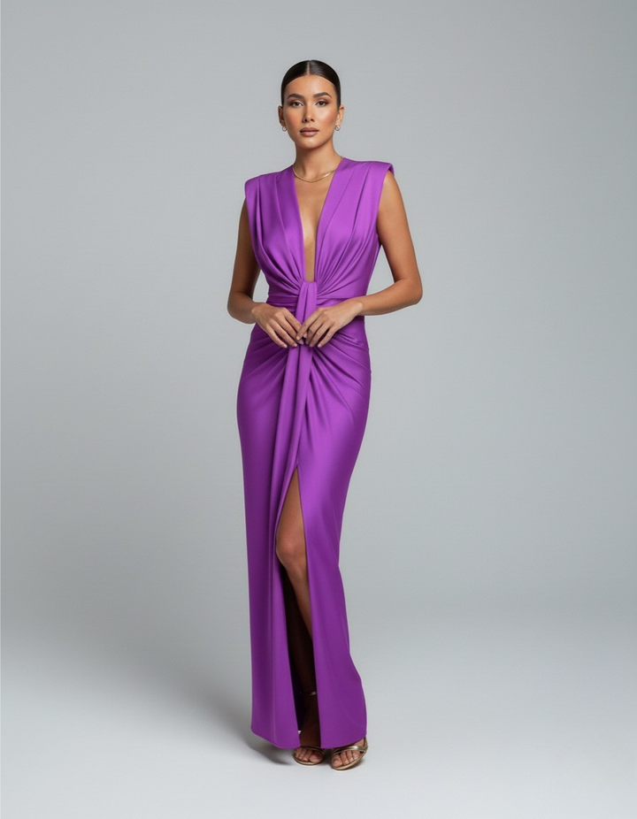 Beatrice women's sleeveless V-neck maxi dress in vibrant purple with gathered front draping and a high slit.