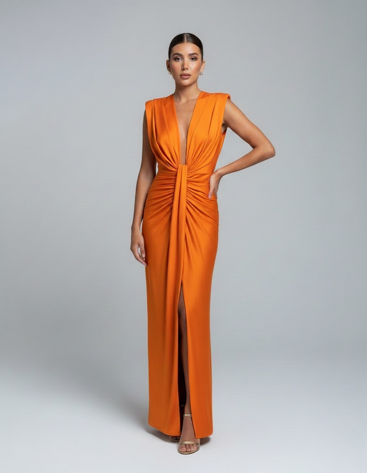 Beatrice women's sleeveless orange V-neck maxi dress with gathered front draping and a front slit.