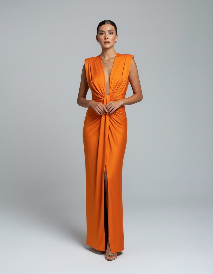 Beatrice Women's Sleeveless V-Neck Maxi Dress in vibrant orange with gathered front draping and a front slit.