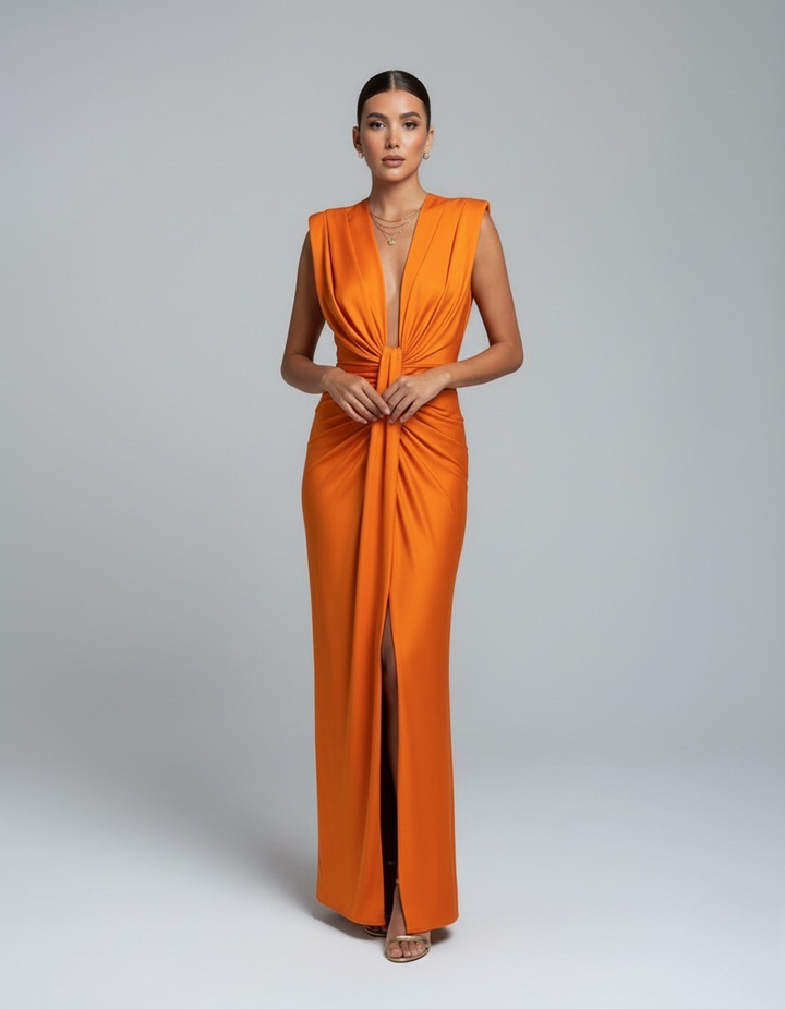 Beatrice women's sleeveless V-neck maxi dress in vibrant orange with gathered front draping and a front slit.