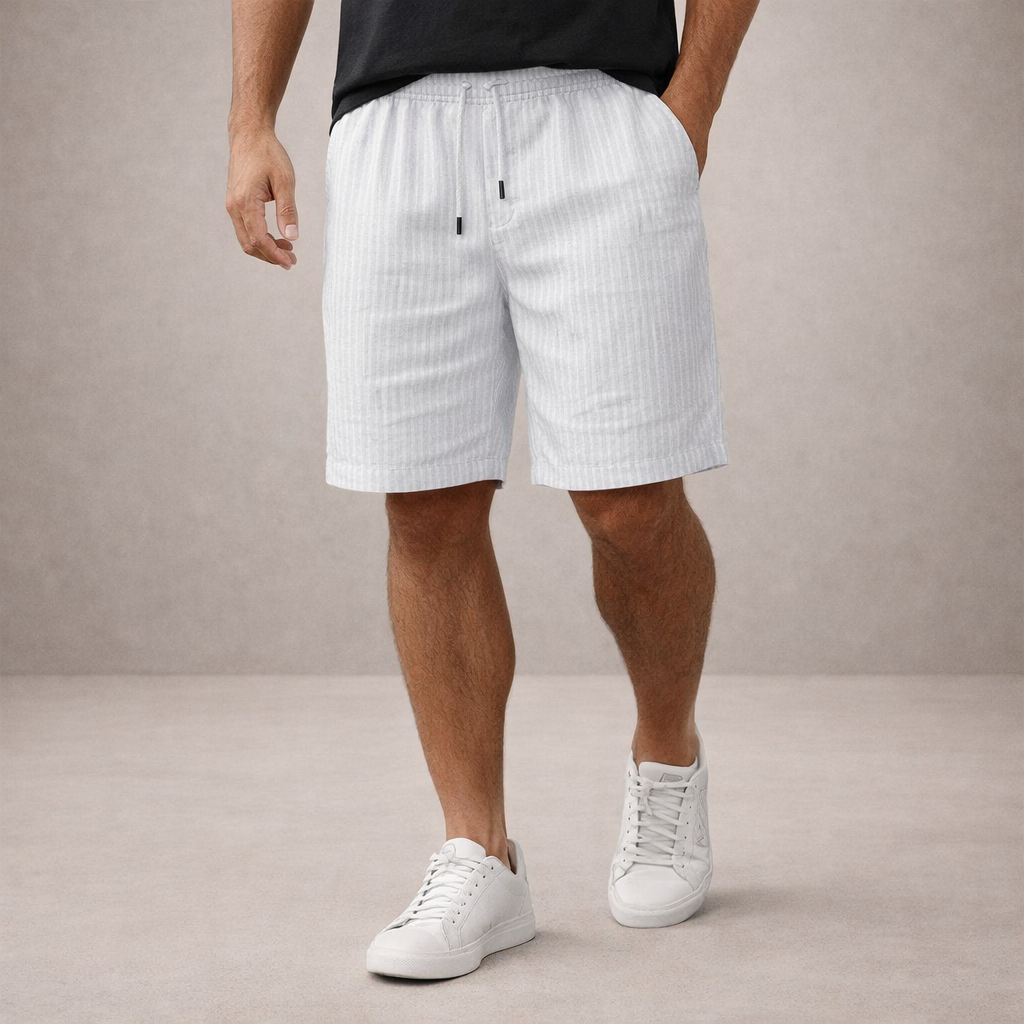 Men's white linen-look drawstring shorts featuring a subtle vertical stripe pattern and a relaxed, straight-leg fit.