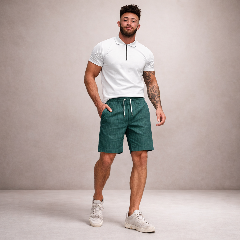 Man wearing dark green linen-look drawstring shorts with a white polo shirt and sneakers against a neutral background.