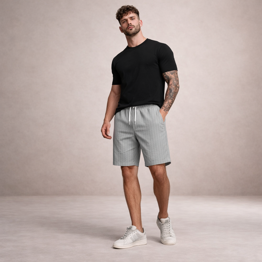 Man wearing grey pinstripe linen-look drawstring shorts with a black t-shirt and white sneakers.