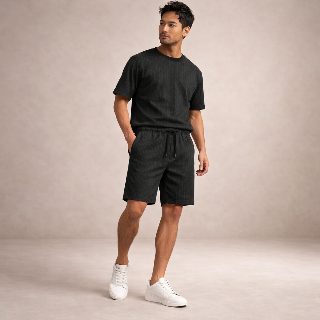 Man wearing black linen-look drawstring shorts with a matching t-shirt and white sneakers against a neutral background.