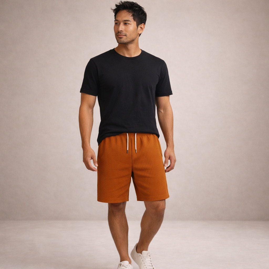 Man wearing rust-colored linen drawstring shorts with a black t-shirt and white sneakers against a neutral background.