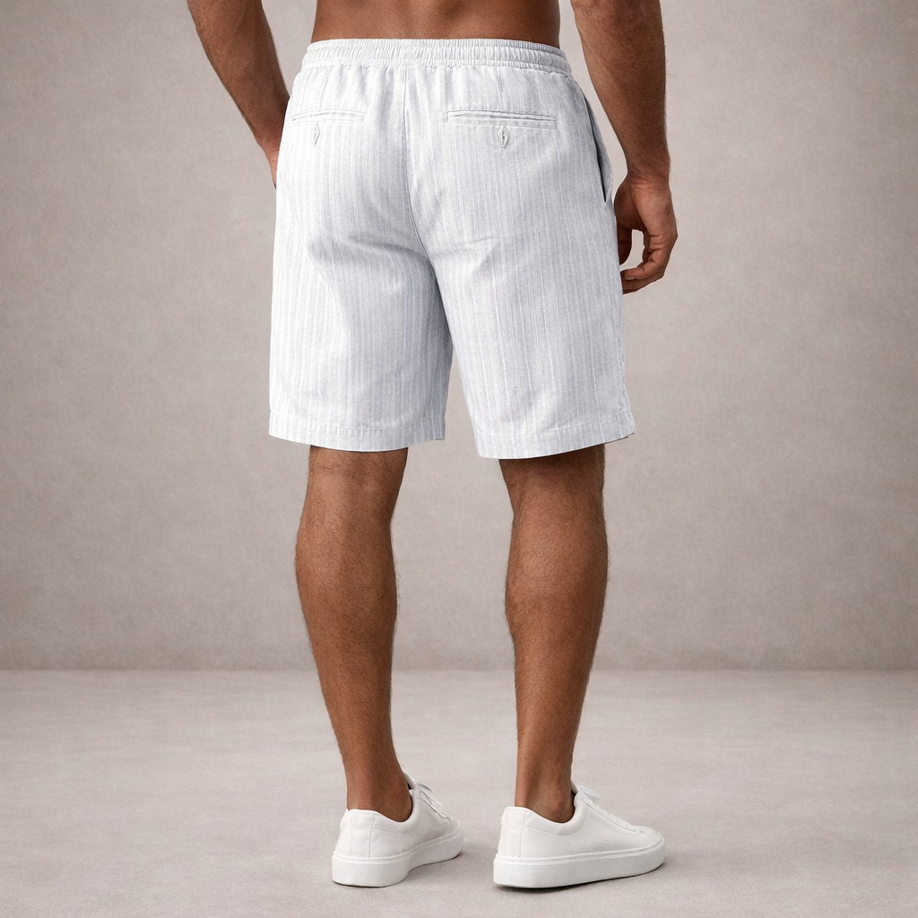 Back view of men wearing light blue pinstriped linen drawstring shorts with rear pockets and a clean straight hem.