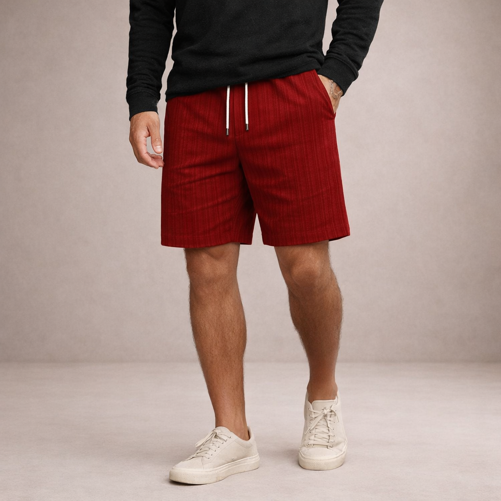 Men wearing red linen-look drawstring shorts with a relaxed fit, side pockets, and a clean straight hem.