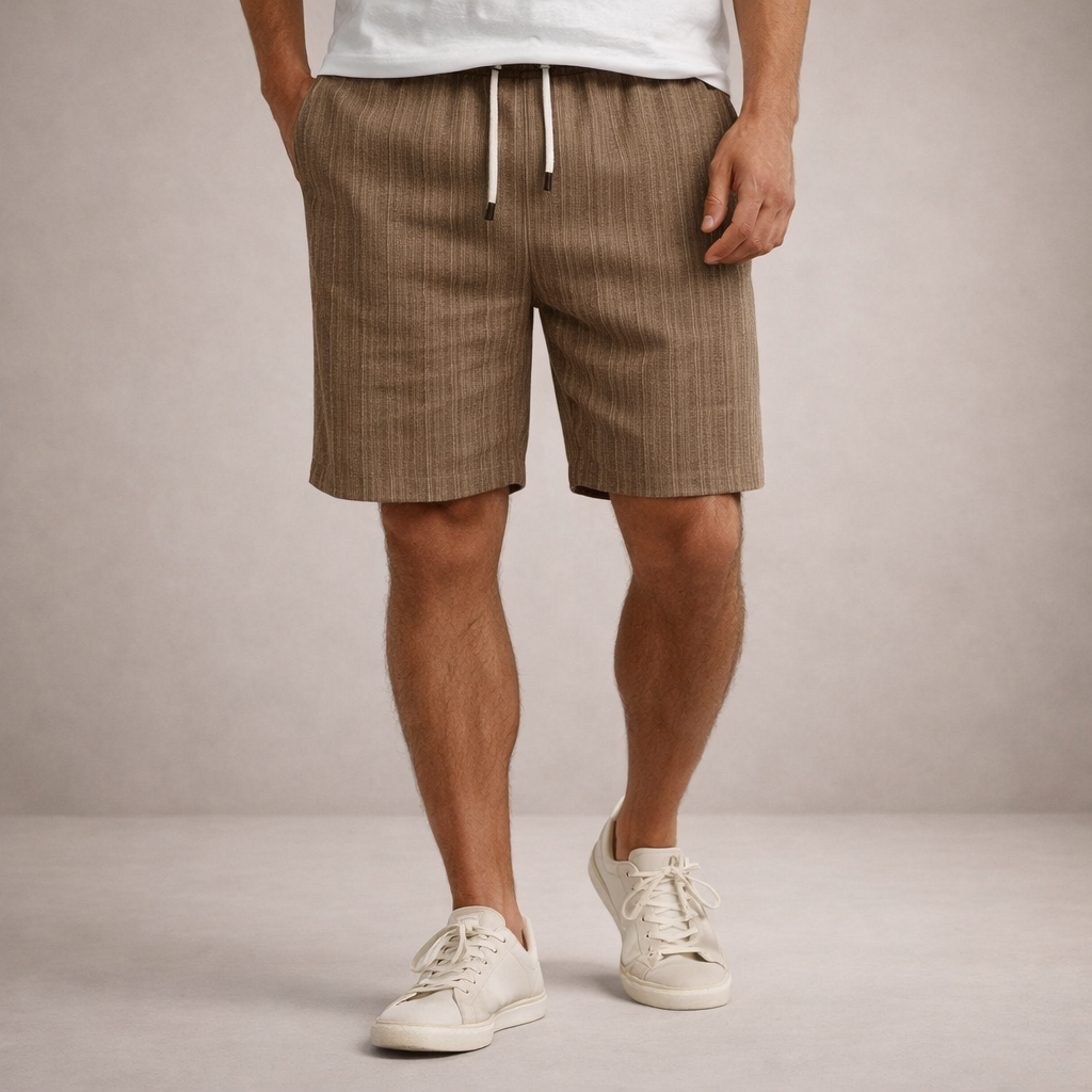 Men wearing brown linen-look drawstring shorts with a straight hem and side pockets, paired with white sneakers.
