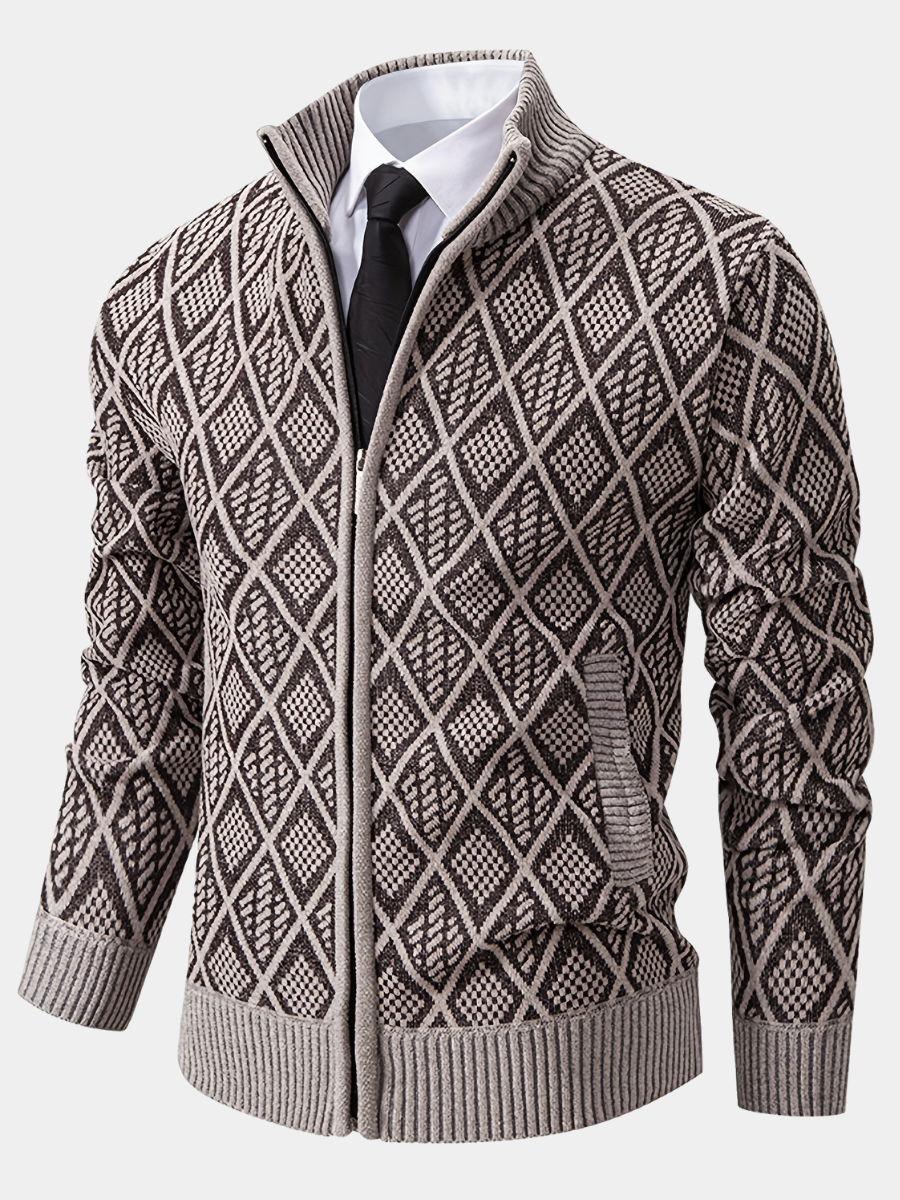 Men's brown and beige geometric rhombus knit zip-up cardigan with a stand collar and ribbed hem.