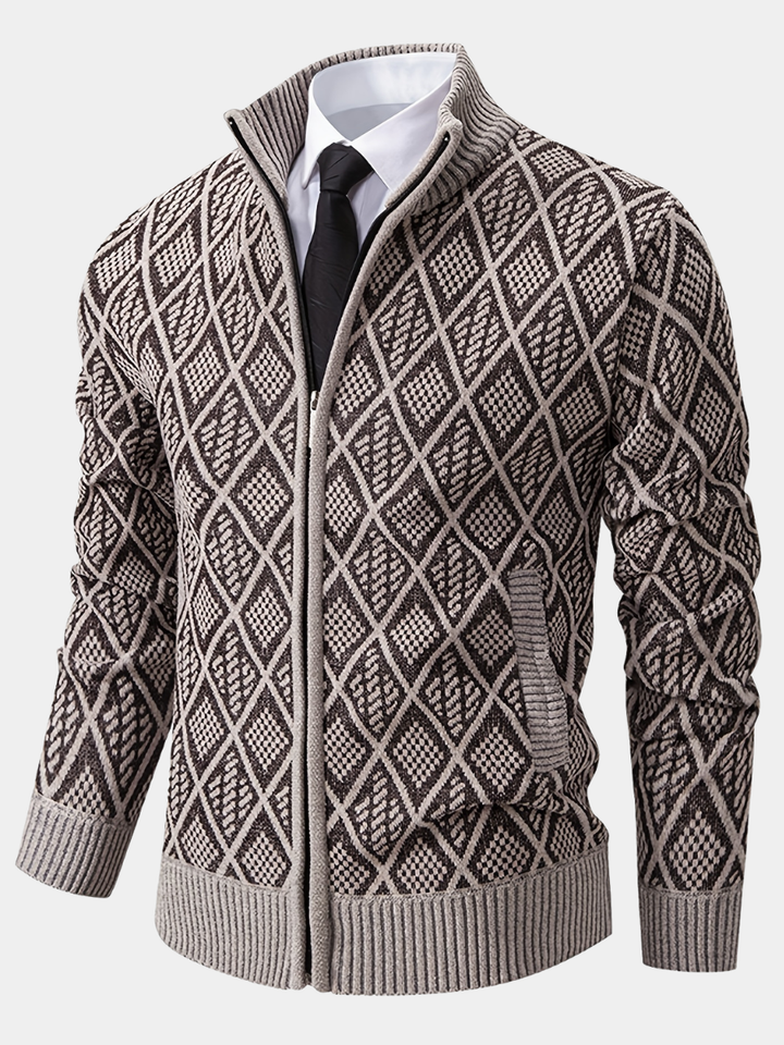 Men's brown and beige geometric rhombus knit zip-up cardigan with a stand collar and ribbed hem.