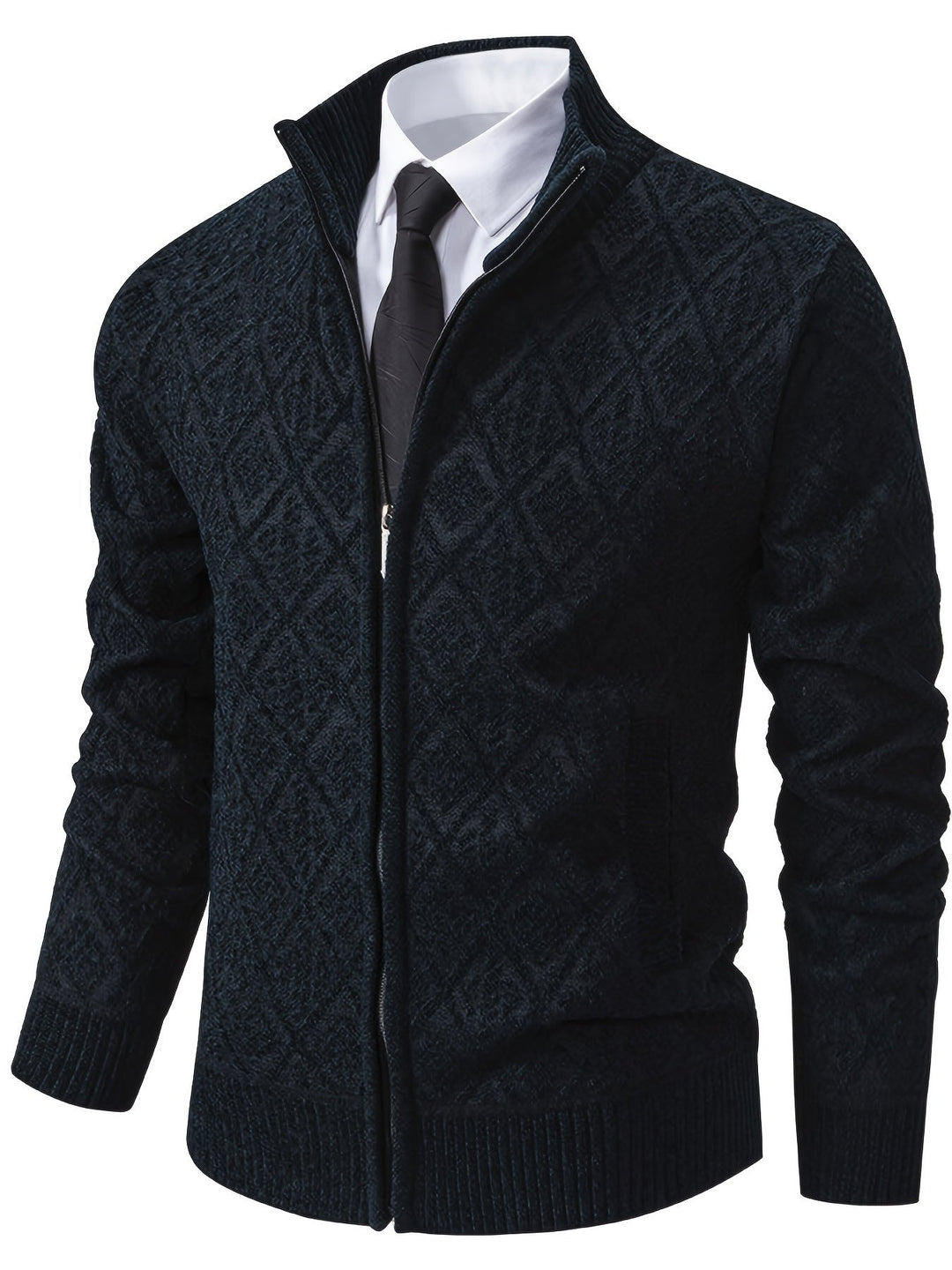 Men's navy blue zip-up cardigan featuring a geometric diamond knit pattern, stand collar, and ribbed trim over a shirt.