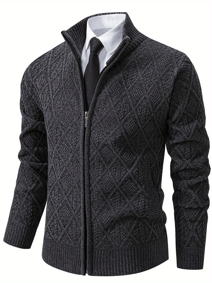 Charcoal grey men's zip-up cardigan featuring a geometric diamond knit pattern, stand collar, and ribbed trim.