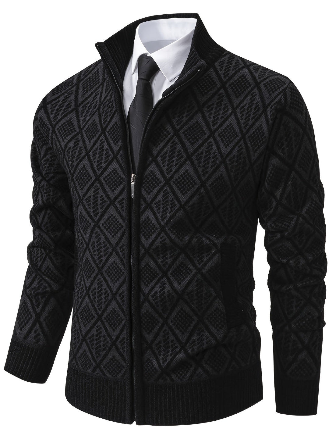 Black geometric knit zip-up cardigan with a stand collar, ribbed cuffs, and hem worn over a white shirt and black tie.