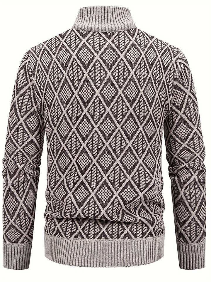 Back view of a men's brown and beige geometric rhombus knit zip cardigan with a ribbed stand collar, cuffs, and hem.